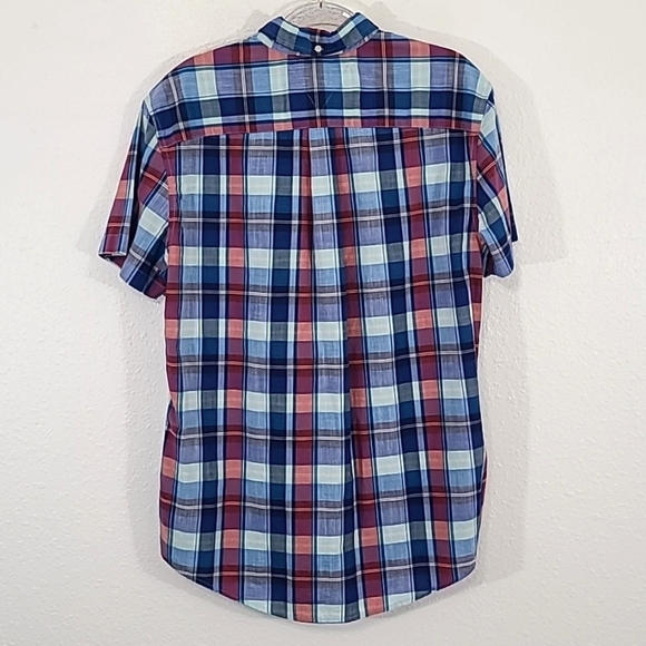 TOMMY HILFIGER Men's Plaid Short Sleeve Orange-Red/Blue Button-Up Shirt, size XL - Picture 5 of 7